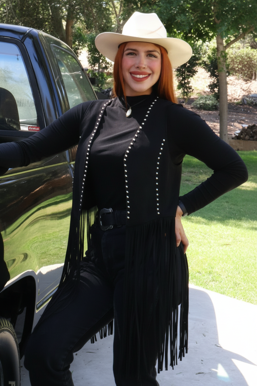 Black western-style fringed vest with studs