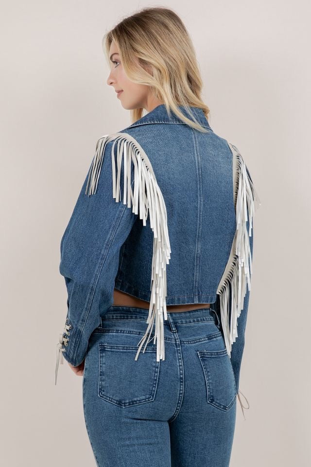SAINTS AND HEARTS FRINGE DENIM JACKET