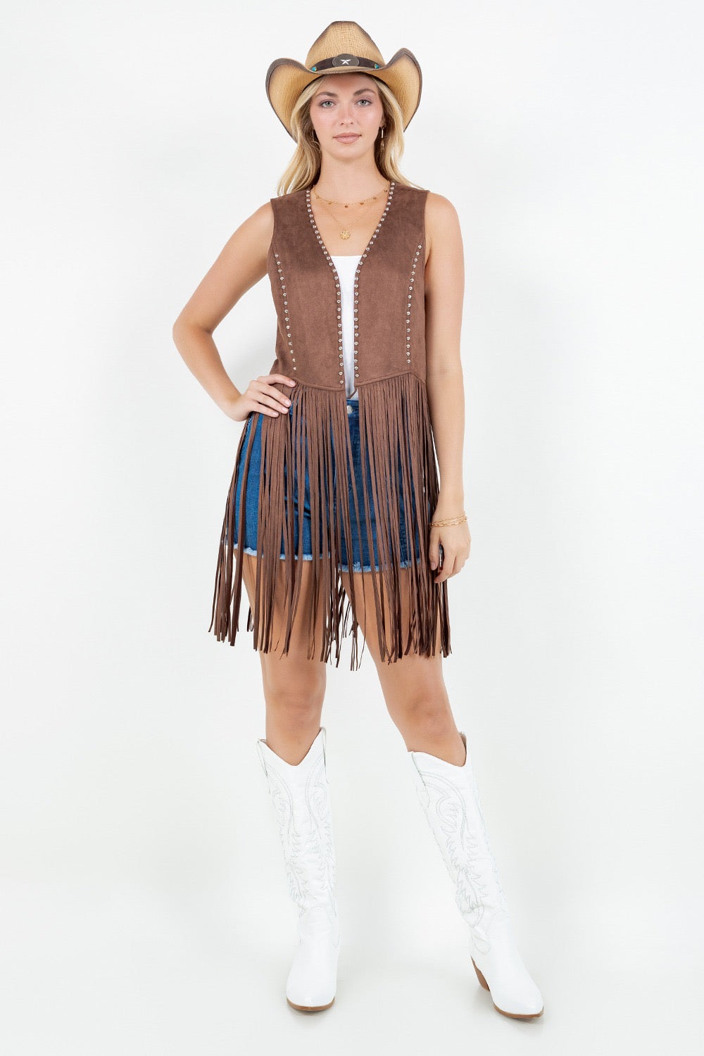 Brown western-style fringed vest with studs