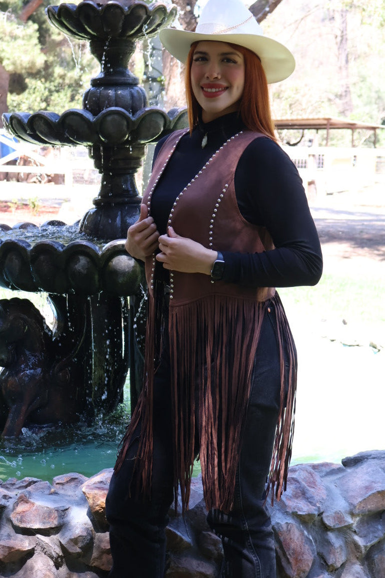 Brown western-style fringed vest with studs