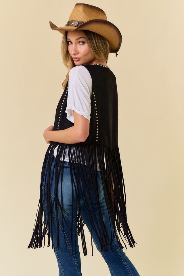 Black western-style fringed vest with studs