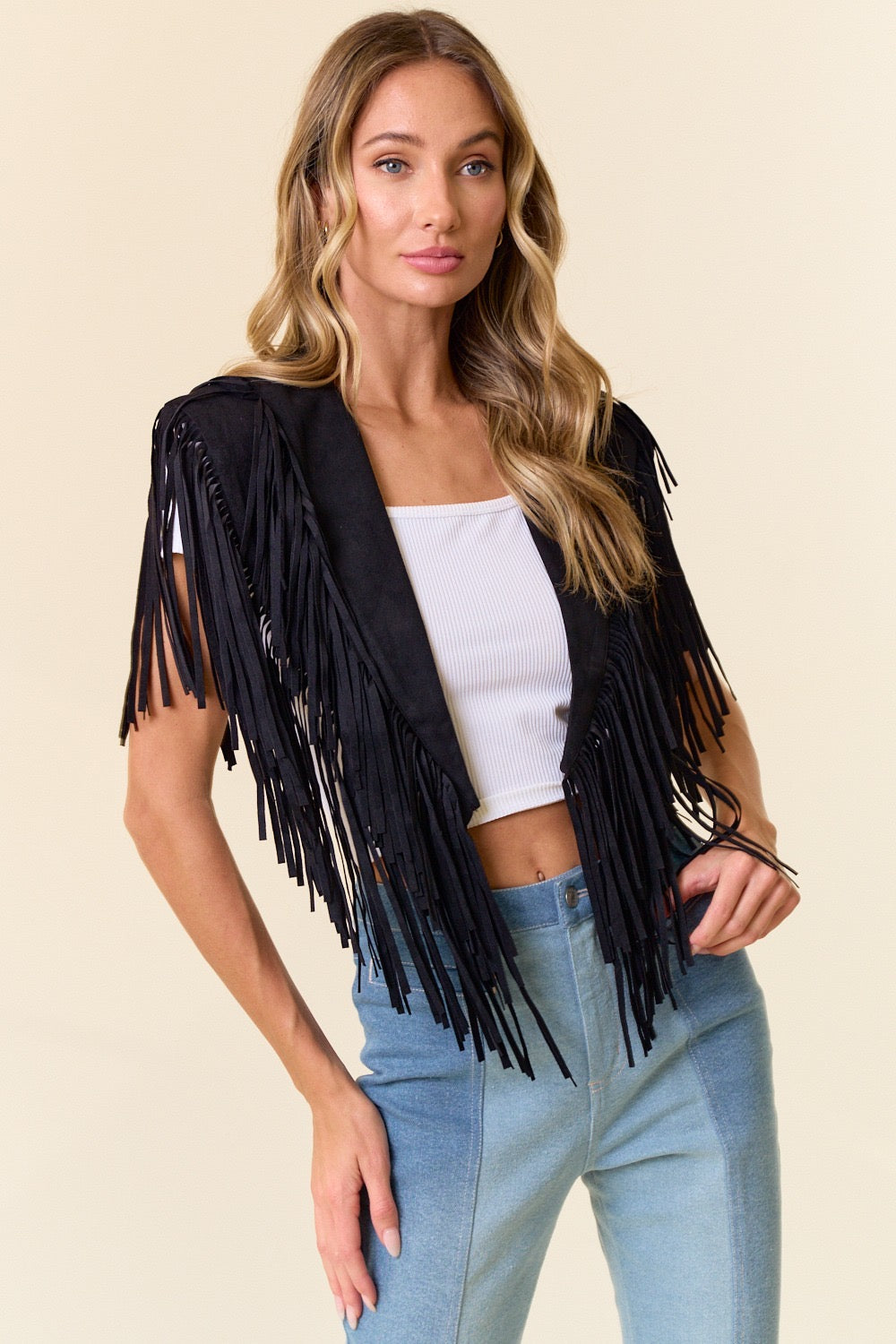 Black Fringe Suede Shrug Collar