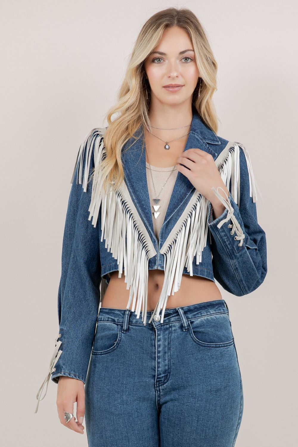 SAINTS AND HEARTS FRINGE DENIM JACKET