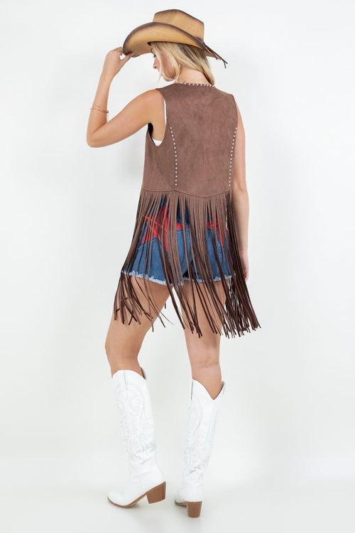 Brown western-style fringed vest with studs